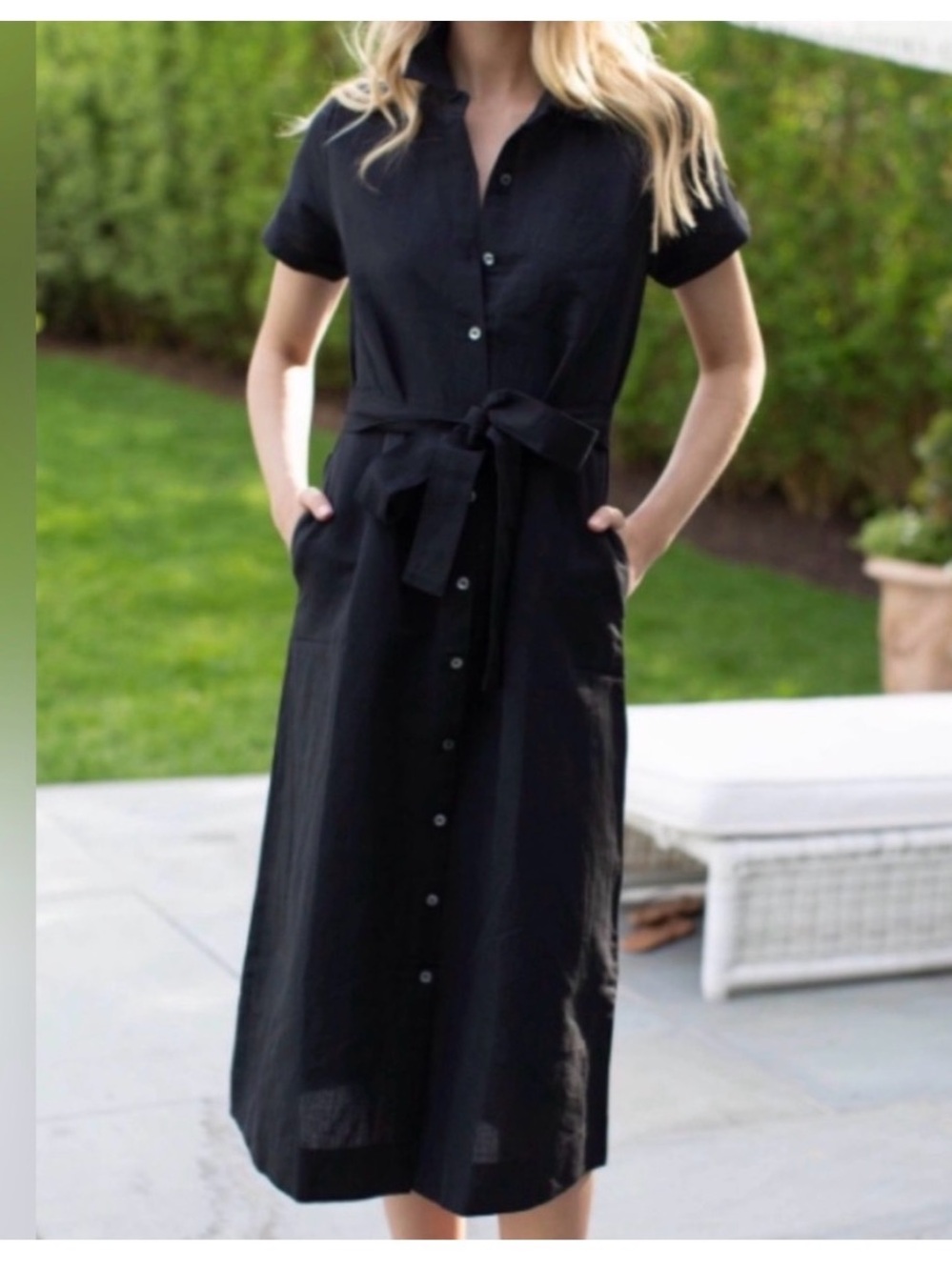 Classic Marea Linen Black Button-Front Shirt Dress with Tie Waist